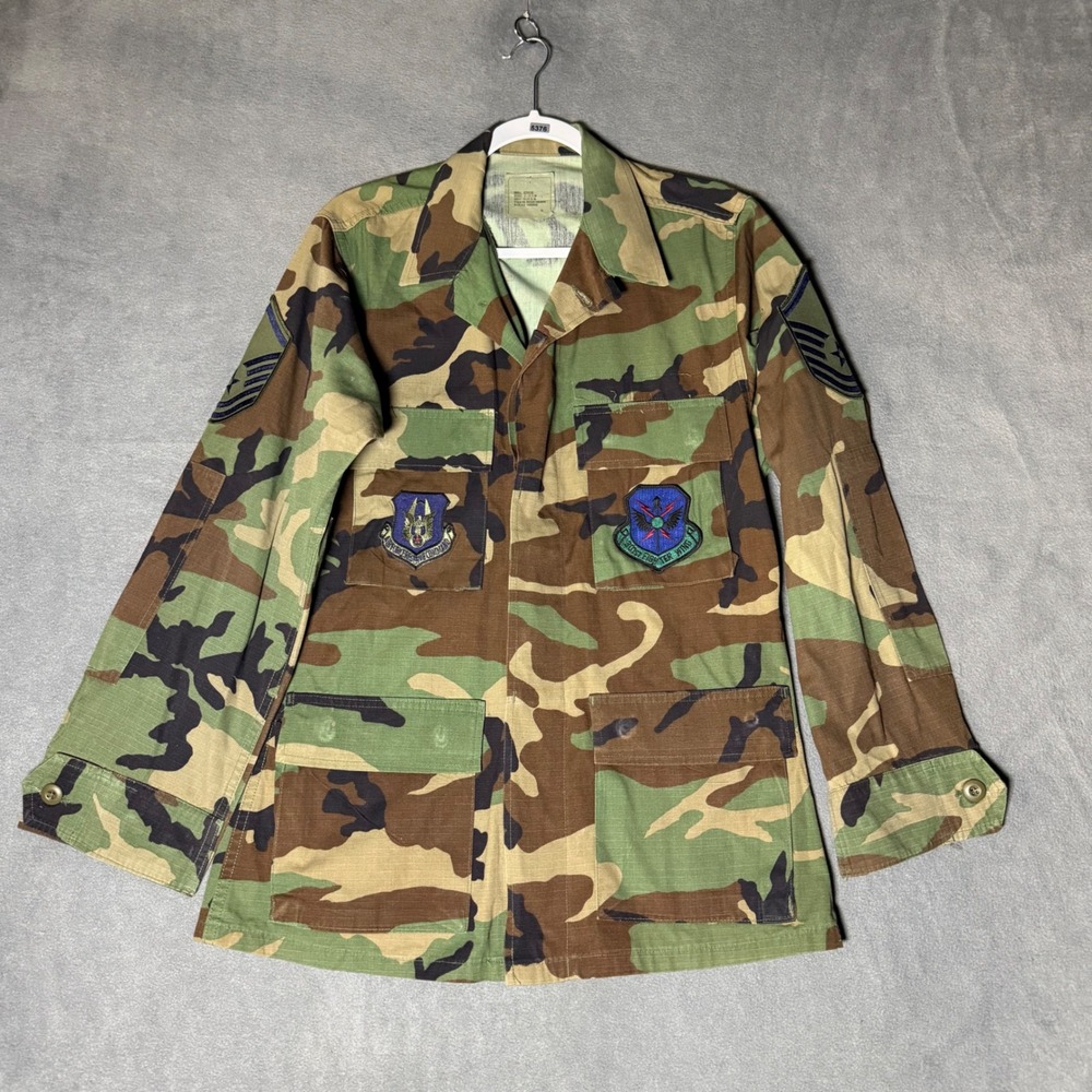 US Military Woodland Camo BDU Jacket Ripstop Air Force Patches Small Regular